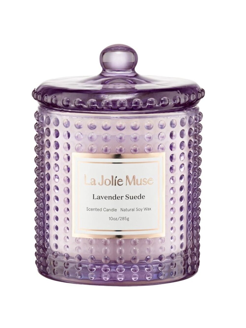 La Jolie Muse Lavender Suede Candle 10oz Marvella Hobnail Purple Glass Jar NWT